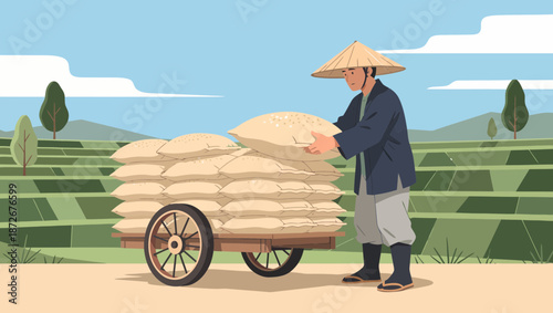 Farmer pushing cart loaded with sacks of grain through agricultural landscape.