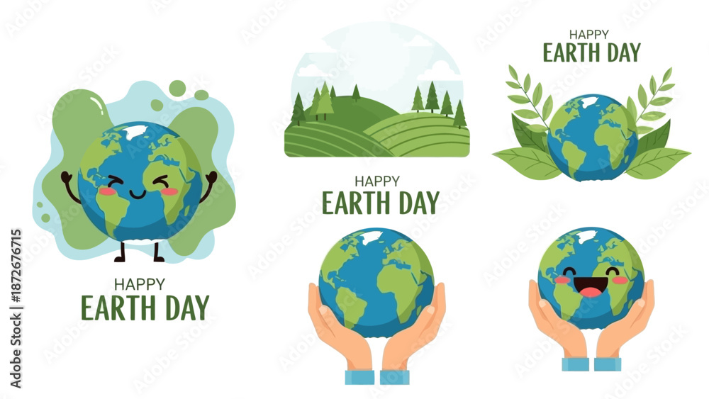 Φωτογραφία Collection of illustrations celebrating Earth Day with happy cartoon globes and natural landscapes