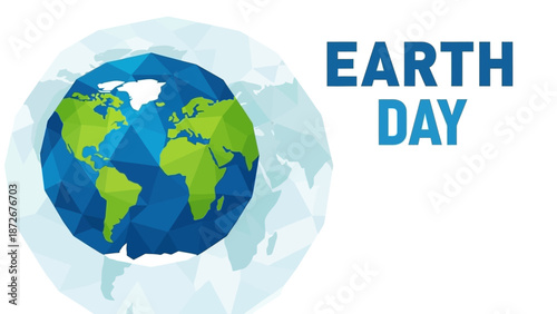 Stylized geometric Earth with the words "EARTH DAY" on a white background, symbolizing environmental awareness and celebration.