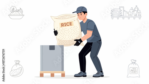 A worker in a cap and gloves carefully places a large sack of rice into a cardboard box on a pallet.
