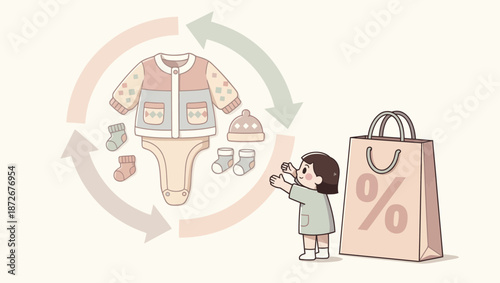 A child reaching for a discount shopping bag with baby clothes in a sustainable cycle, representing circular fashion or reuse.