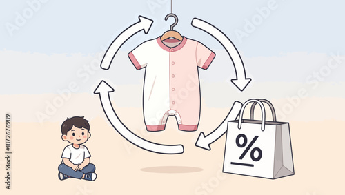 Baby clothes on sale with discount percentage and shopping bag.