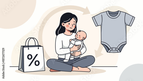 Mother holding baby with shopping bag and onesie nearby.