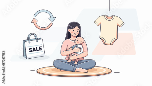 A mother holding her baby, surrounded by symbols of shopping and baby clothes, representing the cycle of purchasing baby essentials.