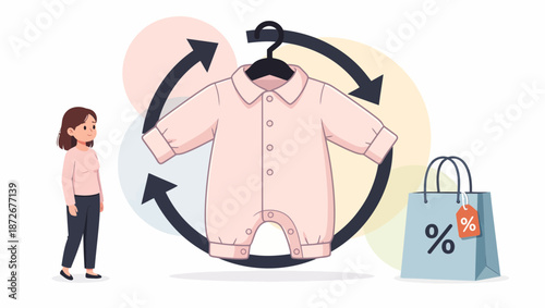 A woman stands near a baby romper on a hanger, surrounded by a circular arrow motif, symbolizing a cycle, with a shopping bag featuring a percentage sign in the background.