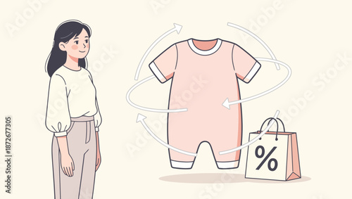 Woman considering purchasing a discounted pink baby romper online.