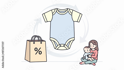 A mother holding her baby next to a shopping bag with a percentage sign and a baby onesie, symbolizing baby clothing sales and discounts.