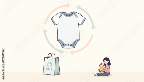 Illustration of a baby onesie with circular arrows indicating a cycle, a shopping bag labeled 'SALE', and a mother holding her baby.