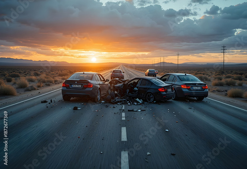 Multi vehicle car crash on desert highway at sunset best for traffic safety, insurance, and emergency awareness concepts