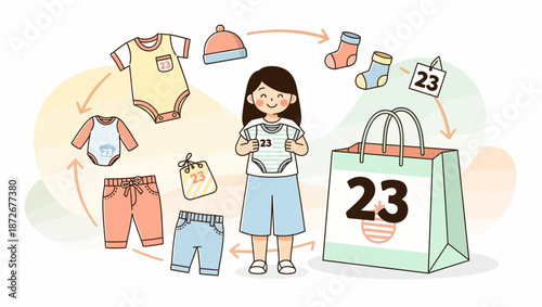 A young girl stands surrounded by a circular arrangement of baby clothes, socks, and pants, with a shopping bag featuring the number 23 in the foreground.