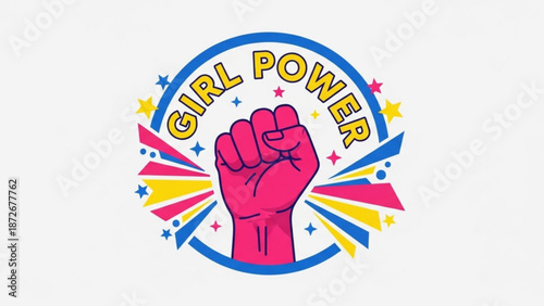 Vibrant girl power symbol with raised fist and colorful starburst design elements with empowerment and feminism and illustration and feminist