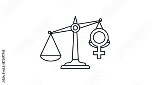 Simple line art illustration of balance scale with female symbol hanging from one side on white background with equality and gender equality