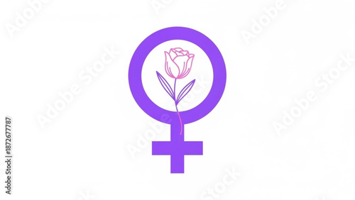Vibrant purple female symbol with pink rose on white background representing feminism and women's rights with women s rights and feminist movement