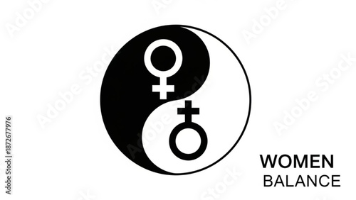Black and white yin yang symbol with female gender signs representing women balance and harmony in a circular graphic with female symbol and gender equality