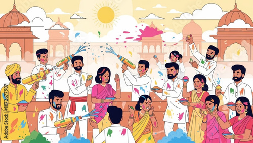 Vibrant indian holi celebration with joyful people throwing colorful powders and water in traditional attire with Indian festival and festival of colors