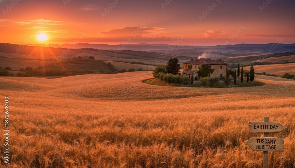 Fototapeta premium Golden wheat fields and rolling hills surrounding a farmhouse at sunset