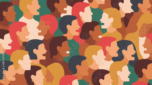 A crowd of multi ethnic faces in profile showing various skin tones in a vibrant seamless pattern