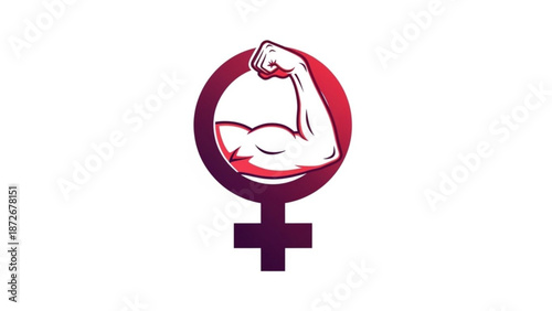 Empowered woman symbol with flexed arm in red and purple gradient vector graphic for feminist movement and gender equality with empowerment and feminism