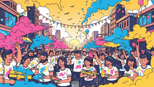 Vibrant street festival with joyful crowd throwing colorful powder and water in celebration on a sunny day with city buildings and festive bunting