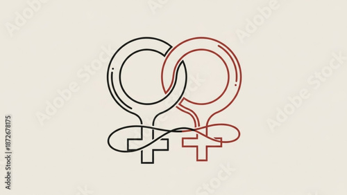 Interconnected male and female symbols in black and red on beige background representing unity and diversity with equality and inclusivity and gender