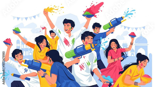 Group of young friends celebrating holi festival with colorful powder and water guns on a sunny day with celebration and India and Indian culture