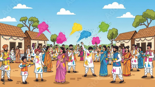 Vibrant holi celebration scene with people throwing colored powders in traditional indian clothing with colorful scene and Indian festival and vibrant colors