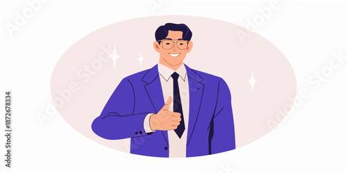 A smiling man in a suit gives a thumbs up gesture cheerfully