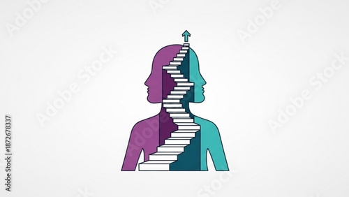 Double exposure of human head silhouette with staircase leading to success and personal growth concept with self improvement and motivation and inspiration