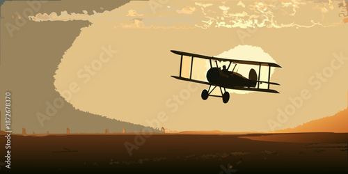 Vintage biplane silhouetted against a vibrant sunset with a distant landscape