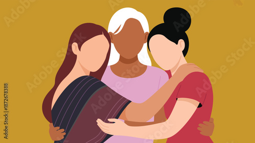 A group of multi ethnic women embracing warmly, symbolizing unity, friendship, and sisterhood