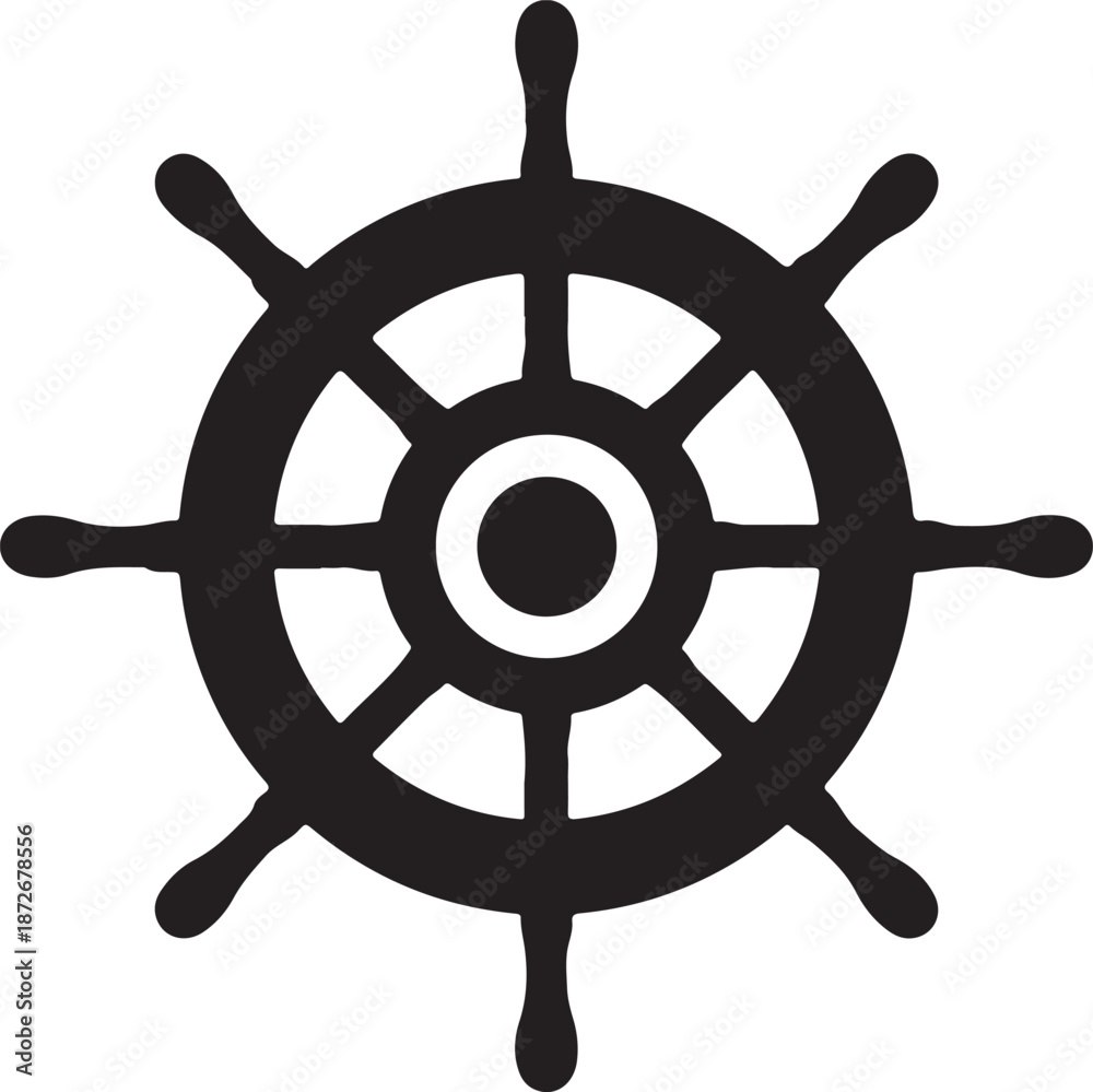 Fototapeta premium Simple black and white ship steering wheel icon isolated on white background nautical marine