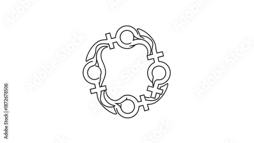 Interconnected gender symbols forming a circle on white background with equality and unity and diversity and inclusion and feminism and LGBTQ