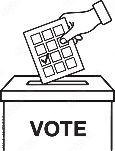 Hand dropping paper ballot with checkmark into vote box illustration voting