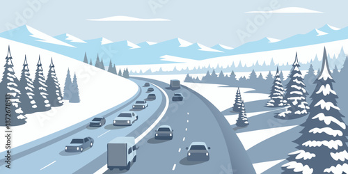 Winter highway cuts through a snowy landscape with evergreen trees and mountains