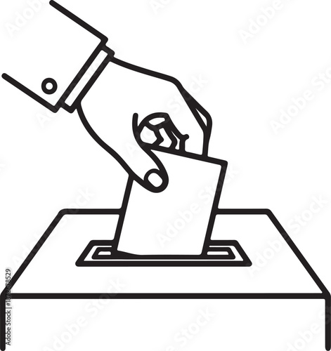 Hand inserting ballot into voting box simple line art icon election
