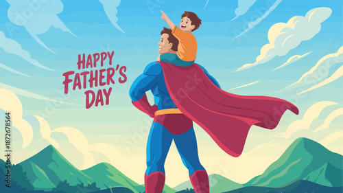 A happy superhero father carries his young son on his shoulders celebrating Fathers Day