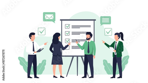 Business Team Meeting Analyzing Tasks on Whiteboard with Checkmarks