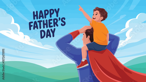 A loving superhero father giving his son a shoulder ride on a bright sunny Fathers Day