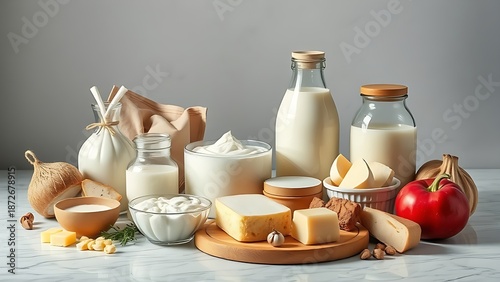 Assorted dairy products arranged on a marble surface, highlighted by cool overhead lighting.
