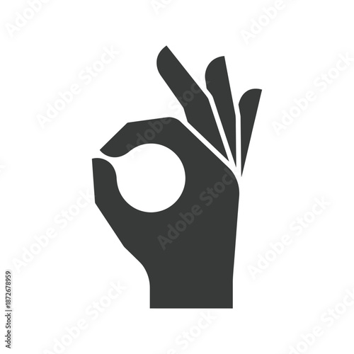 A simple black silhouette of a hand displaying the okay gesture representing approval or agreement