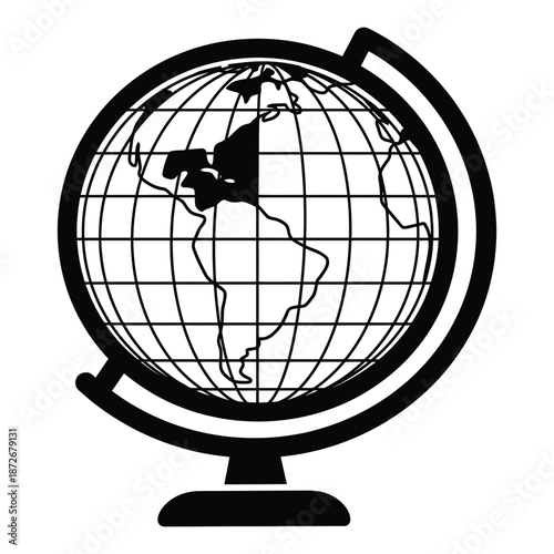 A simple black and white line drawing depicts a vintage globe with visible continents and meridians