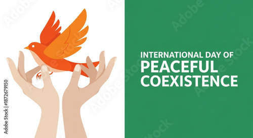 International Day of Peaceful Coexistence vector illustration. Hands gently holding an orange dove, a global symbol of peace, hope, and harmony. Ideal for banners, posters, and educational materials.
