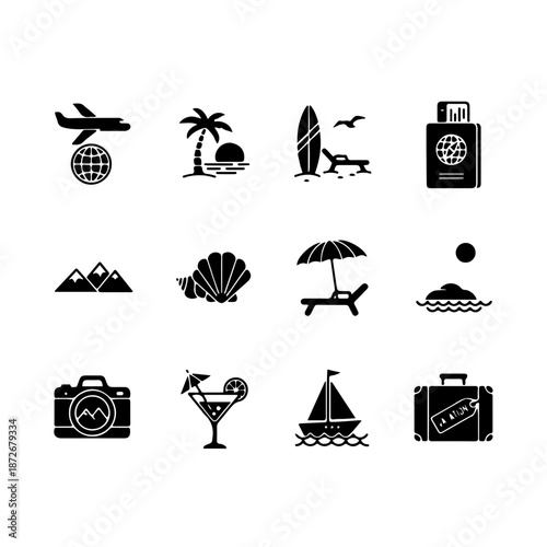 Minimalist Travel and Beach Vacation Icon Set - Black and White Vector Symbols