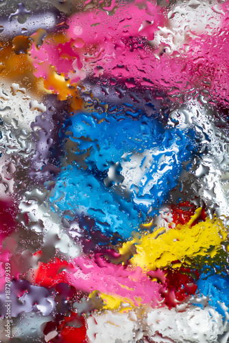 Abstract Colorful Background of Shapes Behind Glass with water drops