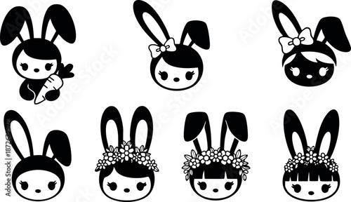 Cute bunny characters with different hairstyles and accessories vector set for design and decoration