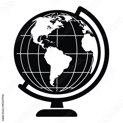 A stylized black and white illustration of a classic globe with visible continents and gridlines