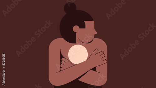 A stylized woman embraces herself, symbolizing self care, inner peace, and personal well being with a glowing chest