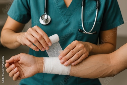 Healthcare provider applying bandage to injured wrist during medical care, first aid healthcare.