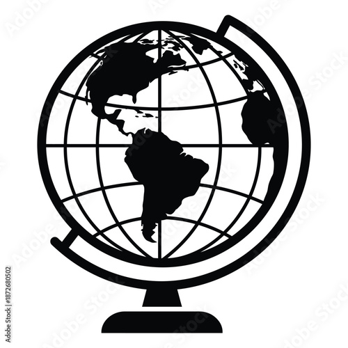 A simple black and white illustration depicts a detailed world globe with continents and gridlines