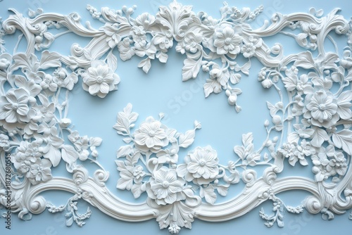 Intricate floral bas-relief molding adorns a soft blue background panel